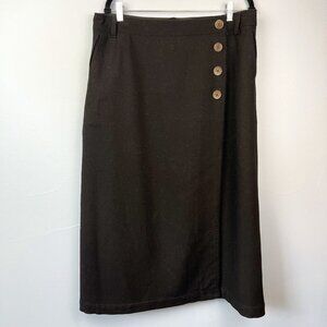 Eddie Bauer‎ Black Wool Midi Wrap Skirt Four Button Closure Pockets Size 14